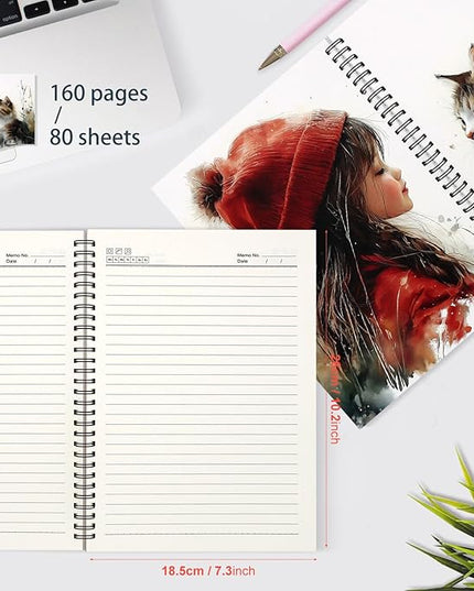 Spiral Journal Notebook for Women & Men,B5 Artistic Spiral Notebook: Orange & Black Cat with Little girl with red hat- Botanical Garden Edition