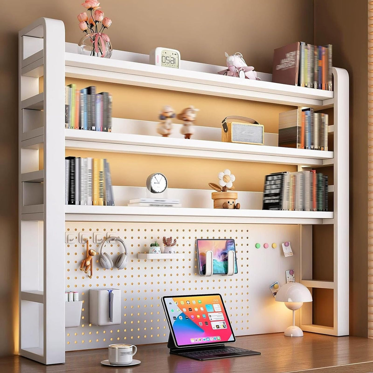 TRCBADOWKC 2/3/4 Tier Desktop Bookshelf with Pegboard and Storage Parts, Metal Desktop Organizer Hutch, Desk Shelves for Top of Desk, Shelf Organizer Display Rack for Dorm Home(White,4-Tier L53.1in)