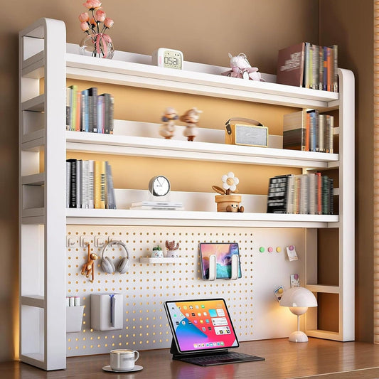 TRCBADOWKC 2/3/4 Tier Desktop Bookshelf with Pegboard and Storage Parts, Metal Desktop Organizer Hutch, Desk Shelves for Top of Desk, Shelf Organizer Display Rack for Dorm Home(White,4-Tier L29.5in)