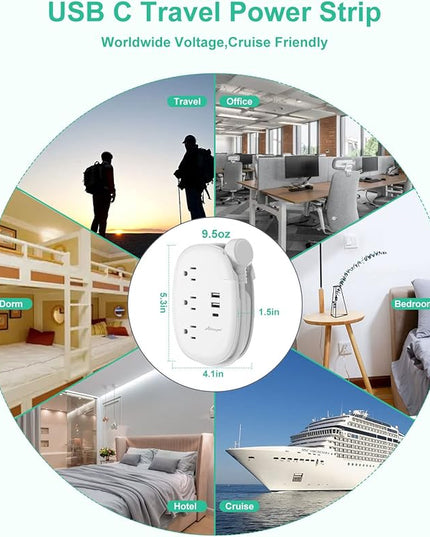Alitayee USB C Travel Power Strip,Portable Power Strip with 3 Outlets 3 USB Ports Fast Charge, USB Extension Cord with Flat Plug and 4ft Wrapped Around Extension Cord for Cruise Travel Home Office