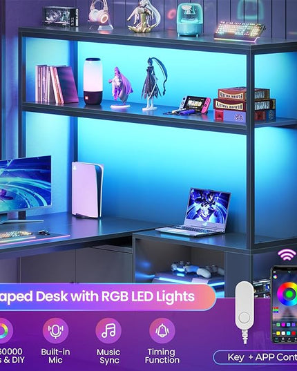 SEDETA 56.7" L Shaped Standing Desk, Reversible Computer Office Desk with Drawers & Hutch, Stand Up Corner Gaming Desks with LED Lights & Power Outlets for Home Office, Black