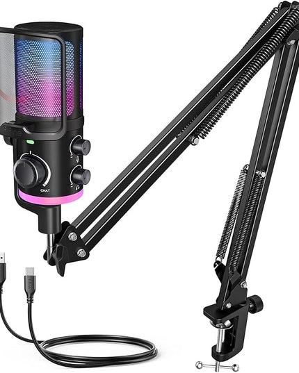 FIFINE USB Streaming Microphone Kit for Gaming, Condenser Mic with RGB, Noise Cancellation, Game/Chat Dial-Plug & Play for PC Twitch/YouTube/Podcast, Includes Boom Arm & Pop Filter-AmpliGame AM6T