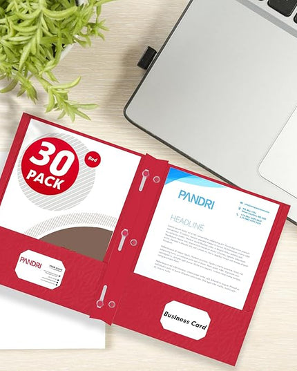 Two Pocket Folders, PANDRI 30 Pack Two Pocket Folders with Prongs, 3 Prong Folders Designed for Office and Classroom, Letter Size Red