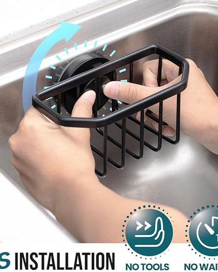 TAILI Sponge Holder for Kitchen Sink with Strong Suction Cup, Rustproof Aluminum Sink Caddy for Sponges, Brushes, Stoppers & Scrapers, Black