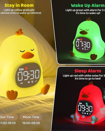 Sleepy Duck Alarm Clock with Night Light for Kids with Sleep Training and Sound Machine, Rechargeable Silicone Lamp OK to Wake Clock，Cute Animal Tabletop Lamp, Perfect Sleep Companion for Boys Girls