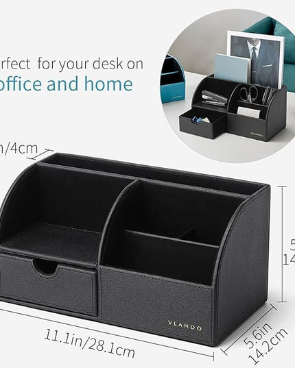 Vlando Office Desk Organizer Leather Desktop Organizer Caddy with Drawer for Storing Desktop Supplies and Accessories (Black Set)