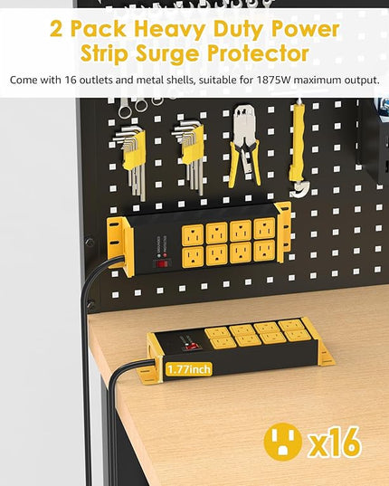 HHSOET 2 Pack Heavy Duty Power Strip 8 Outlets, Metal Wall Mount Outlet Strip 4800J Surge Protector, Garage Shop Under Desk Mountable 5FT Extension Cord Plug.
