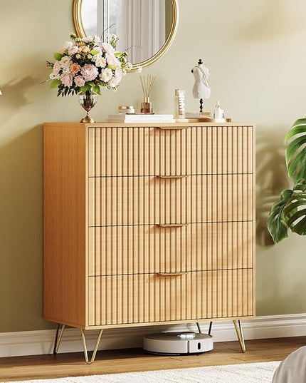 Garvee Fluted Dresser for Bedroom with 4 Drawers,32" Wide Modern Chest of Wooden Bedroom Chest with Metal Handle,Wide Clothes Storage Organizer,Closet Dresser & TV Stand for Living Room,Natura Oak