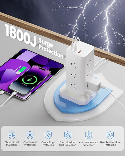 Power Strip Tower with Surge Protector 1800J, Fast Charging Tower PD20W USB-C Ports with 8 AC Outlets, 6ft Extension Cord for Home Office Dorm Room, White