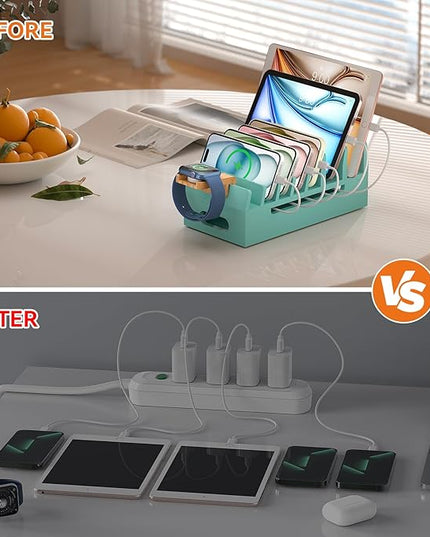 Pezin & Hulin Bamboo Charging Station with Watch Stand, Docking Holder for Multi Device with 5 Charge Cables, Desktop Dock Stations Electronic Organizer for Cellphone, Tablet, Watch-Teal