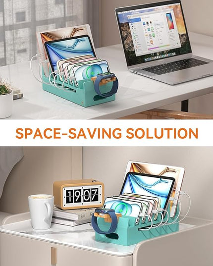 Pezin & Hulin Bamboo Charging Station with Watch Stand, Docking Holder for Multi Device with 5 Charge Cables, Desktop Dock Stations Electronic Organizer for Cellphone, Tablet, Watch-Teal