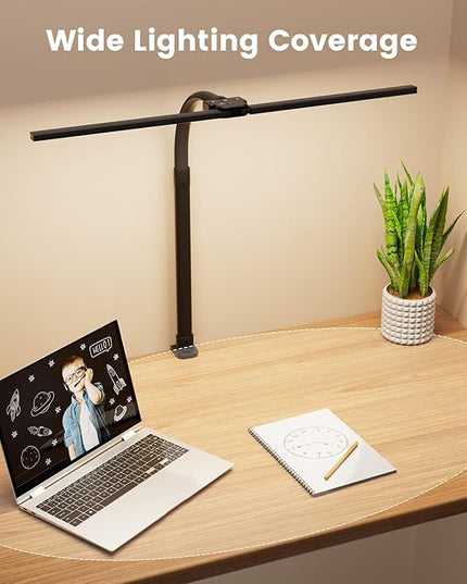 LED Desk Lamp for Home Office - 24W Computer Lamp with Remote Control, Dual Head Desk Light Bar with Clamp, 5 Color & Brightness Adjustable, Tall Flexible Task Monitor Lighting, Black
