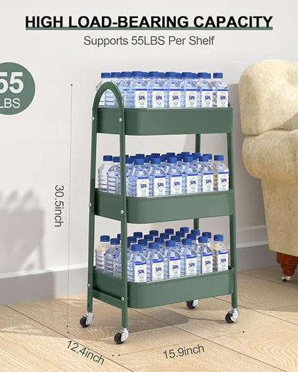 EAGMAK 3 Tier Utility Rolling Cart, Metal Storage Cart with Handle and Lockable Wheels, Multifunctional Storage Organizer Trolley with Mesh Baskets for Kitchen, Living Room, Office, Garage (Jungle)