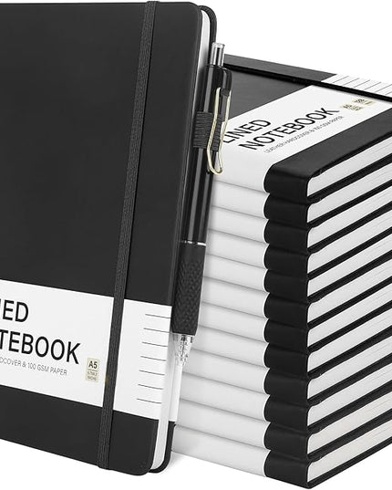 Aodaer 12 Set Lined Notebook Journals with Pens A5 Notebooks 100 GSM College Ruled Hardcover Notebook PU Leather Notepad with Pen Holder for Office School, 5.7 x 8.3 Inches, Black