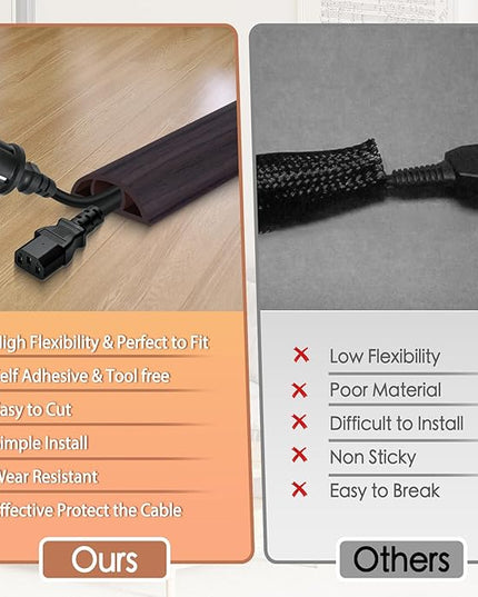 Floor Cord Cover for Wires on Floor Self Adhesive Cord Hider Floor Cable Management Wire Covers for Cords Protector Prevent Cable Trips Cord Cavity W 0.47" x H 0.27", Black Walnut, 3.3Ft
