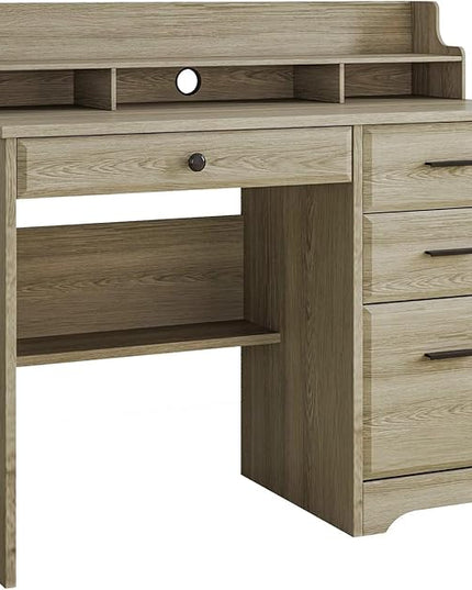 4 EVER WINNER Computer Desk with Drawers, Small Desk with Monitor Stand and File Drawer, Wood Desk with Storage, Writing Desk for Bedroom Home Offic, Grey