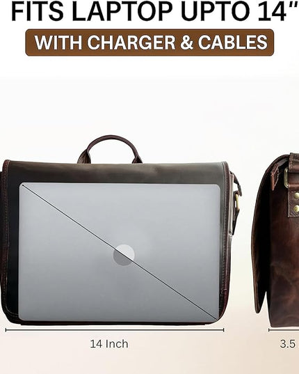 Leather Messenger Bag for Men 14" Leather Laptop Bag Vintage Crossbody Office Satchel Travel Shoulder Bag