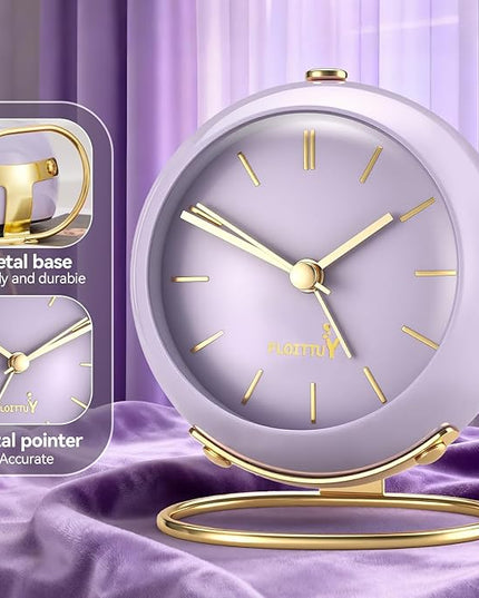 FLOITTUY Silent Table Analog Alarm Clock No Ticking, Lighted on Demand and Battery Operated, Beep Sounds, Small Desk Clock(Air Purple)