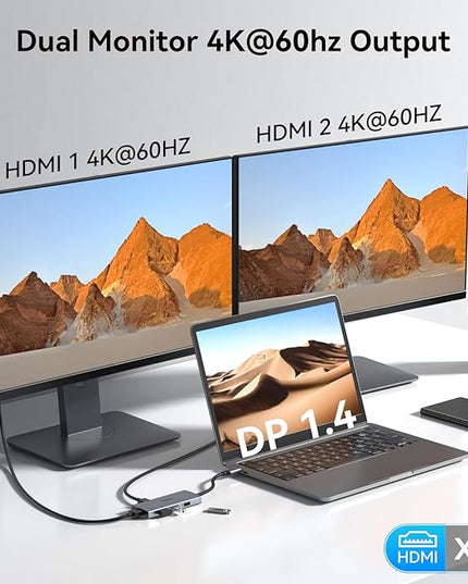 USB C Docking Station Dual HDMI Monitor 4K 60 Hz USB C to Dual HDMI Adapter with 2 hdmi Ports, USB-C Hub 2 Monitors with 3 USB Port PD Charging Compatible for Dell XPS HP Surface etc