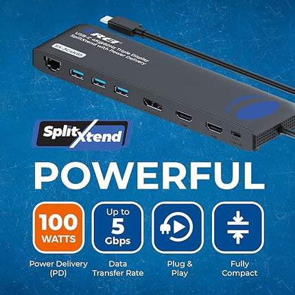 OREI SplitExtend 4K Splitter Extended Display Triple Monitor 2, 1 DisplayPort Docking Station 4 Separate Screens - USB-C to HDMI Adapter, 100W PD LAN, 4 USB 3.0, MircoSD, Windows, Mac OS