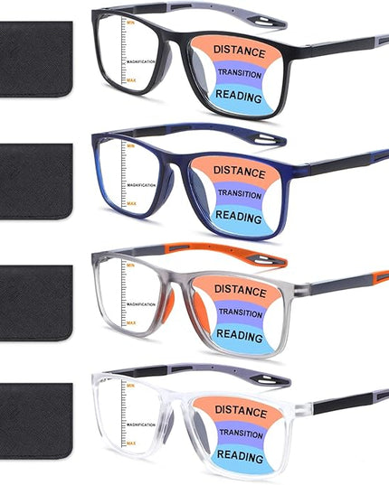 BLOEXCLU 4 Pack Progressive Multifocus Reading Glasses for Men Women TR90 Sports Style Anti-Blue Light Computer Readers