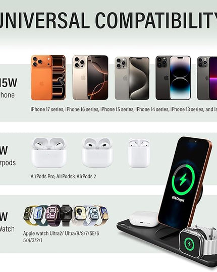 Nimble Podium 3-in-1 Wireless Charging Station for Apple, Qi2-Certified 15W Magsafe Charger Stand, Wireless Charger for iPhone 17 16 15 14 13 - Apple Watch - Airpods Series (Charger & USB-C Included)
