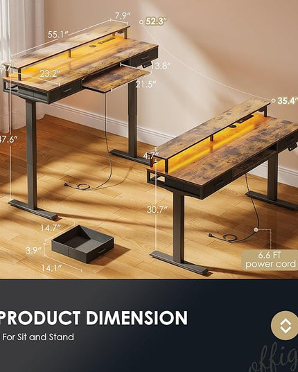 OffiGo Electric Standing Desk with Drawers & Keyboard Tray, 63 Inch Height Adjustable Desk with Power Outlets & LED Lights, Sit Stand Table with Monitor Stand for Home, Office, Rustic Brown