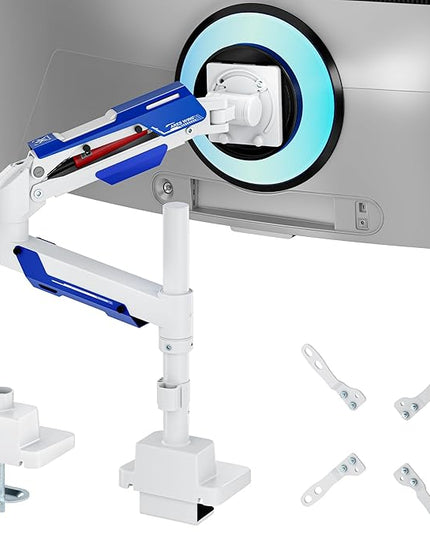 ARES WING CoreArm Single Monitor Mount, Ultrawide Monitor Arm for 24 to 57'' Heavy Duty Curved Screen, Adjustable Gas Spring Monitors Arm Stand up to 66LBS with 75/100/200 Vesa Mount, White