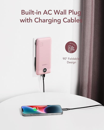 VEGER Portable Charger with Built-in AC Plug and Cables, All in One 10000mAh Ultra Slim Power Bank Travel Essentials, 15W Fast Charging Battery Pack Compatible with iPhone, Samsung, Android (Crepe)