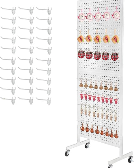 Eastern Tree Metal Pegboard Display Stand 2'x 5' with 30 Hooks, Pegboard Panels Display with Wheels, Peg Board Display Rack, Standing Pegboard Display- White
