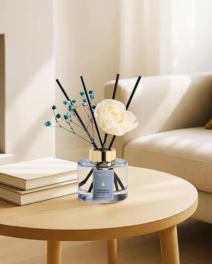 Airkeep Flower Reed Diffusers Set, 5.07 oz Wild Mint&Eucalyptus Scented Oil Diffuser with 8 Reed Sticks, Home Fragrance Diffuser Gift Set for Bathroom & Office Decor 150ml
