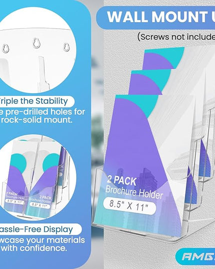 2 Pack 3 Tier Brochure Holder 8.5” x 11” - Acrylic Literature Holder with Removable Divider for 4” x 9” Brochure, Clear Flyer Holder Pamphlet Display Stand