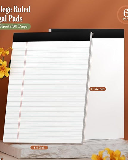 White Legal Pads 8.5 x 11 Writing Note Pads 9/32'' College Ruled & Double-Sided Printing - 30 Sheets Premium Thick Paper - 38 Lines Perforated Notepads 8.5 x 11'' 6 Pack for Office, Homework