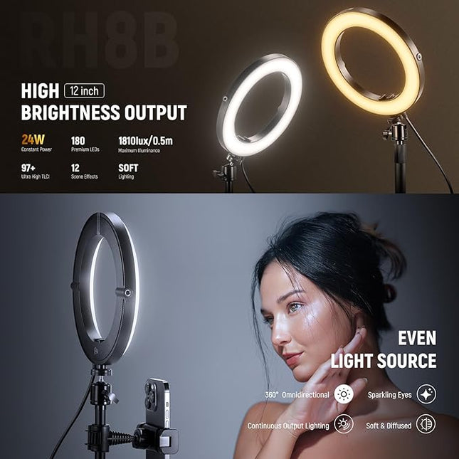 NEEWER 12" 24W High Power Desk Ring Light with Stand/Phone Holder, LED Selfie Video Conference Lighting for iPhone Streaming Makeup Vlog Recording Laptop Computer Webcam Zoom Call Podcast, RH12B