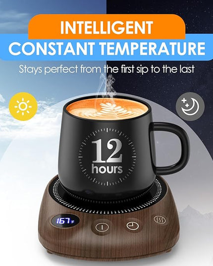 KitchekShop Coffee Mug Warmer - Fastest Heating & Highest Temperature, Coffee Cup Warmer for Desk Auto Shut Off, 4 Temp Settings & 1-12H Timer, Smart Electric Beverage Warmer for Coffee, Tea (Wood)