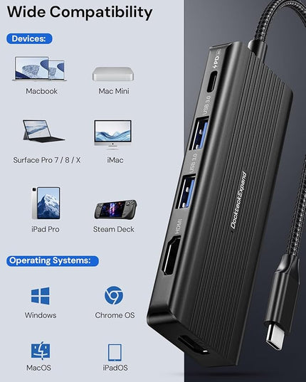 USBC to HDMI, DockteckExpand 5-in-1 USB C Hub with Dual HDMI 4K@30Hz, 2 USB 3.0 Ports, 100W PD Charging – Compatible with MacBook, Dell, Chromebook & More