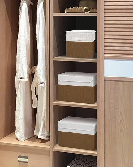 Large 22 Quart Linen Fabric Foldable Storage Bin Cube Organizer Basket with Flip-Top Lid & Handles, Clothes Blanket Box for Home, Office, Closet, Brown & White, 4 Pack 14.6 x 9.5 x 9.5