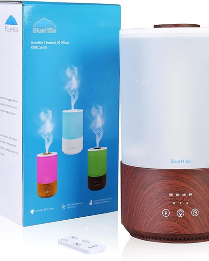 BlueHills Premium 4000 ml Tall Essential Oil Diffuser 4L 4 Liter 50 Hour Run with Remote Timer Aroma Humidifier 1 Gallon Big Capacity High Mist Output for Large Room Lights Dark Wood Grain XL T402