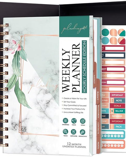 PLANBERRY Hourly Schedule Planner Premium – Undated Weekly Organizer with Time Slots & Monthly Budget – Time Management, Goal Setting, to-Do List & Habit Tracker –6.9″x8.5″(Natural Green)