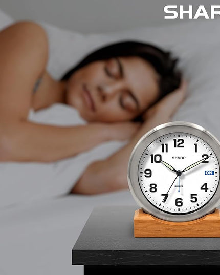Sharp Silent Sweep Quartz Analog Desk Clock with Alarm Status Indicator on Dial, Brushed Metal Clock with Genuine Wood Stand, Great Gift for Home or Office
