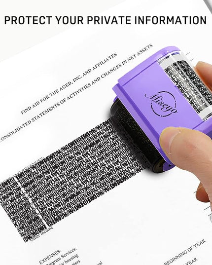 Miseyo Wide Identity Theft Protection Roller Stamp Set - Purple (3 Refill Ink Included)