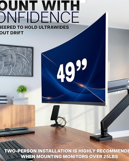 VIVO Premium Aluminum Heavy Duty Monitor Arm with 3.0 USB Ports, Fits Ultrawide Monitors up to 49 inches and 33 lbs, Single Desk Mount Stand, Pneumatic Height, Max VESA 100x100, Black, STAND-V101G1U
