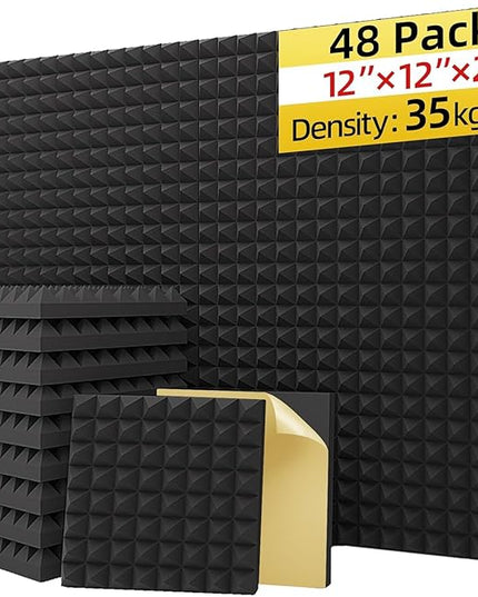 Upgraded 48 Pack Self-Adhesive Acoustic Panels,35kg/m³ High-Density Sound Proof Foam Panels for Walls, 2" X 12" X 12" Fast Expand Soundproof Wall Panels-Absorbs Sound & Eliminates Echoe