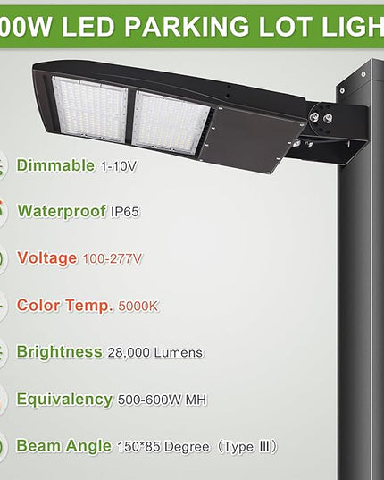 200W LED Shoebox Parking Lot Lights, 20KV Surge Protector, 1-10V Dimmable, 500W-600W MH Equiv, LED Street Road Lamps with Yoke/Wall Mount, 27000LM DLC Premium UL Listed 5000K 100-277VAC