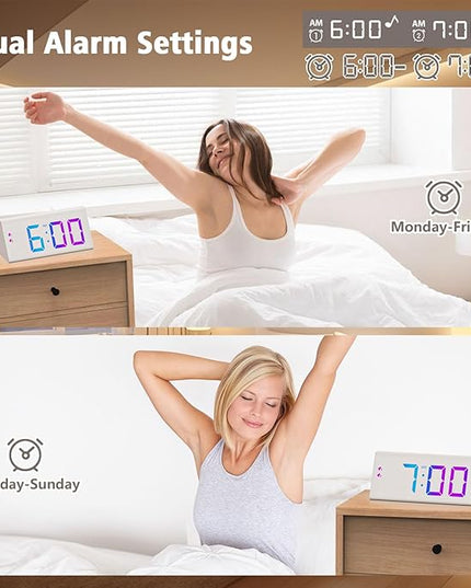 Wooden Digital Alarm Clock with Dual USB Charging Ports, DST, Dimmable, Snooze, RGB Colors, Modern Large Time Display LED Clock for Kids Bedrooms, Living Room, Desk, Table, Bedside, Nightstand (White)