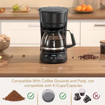 Compact 5-Cup Programmable Drip Coffee Maker — the essential coffee machine with Digital Clock, 24-hour Timer, Auto Shut-Off, and a Removable Filter Basket for Home & Office.
