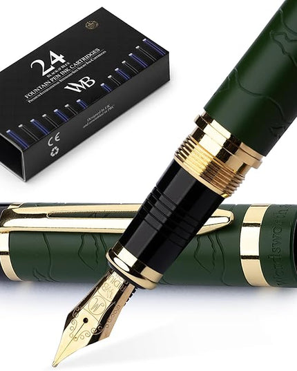 Wordsworth & Black Primori Fountain Pen Set [Green Gold]; Medium Nib, Gift Case, 24 Ink Cartridges, Refill Converter, Manual; Journaling, Calligraphy, Smooth Writing Pens; Left and Right Handed