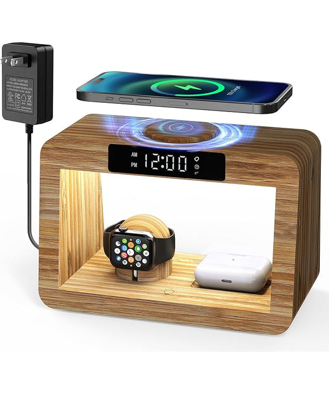 Bamboo Wireless Charging Station,Wireless Charger with Clock & Light,Fast Charger Stand Compatible with iPhone17/16/15/14/13/12/11 Pro Max/X/Xs/AirPods 4/3/AirPods Pro3/2/1, Apple Watch Series