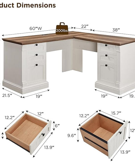 OKD 60" L Shaped Executive Desk with Drawers, Farmhouse Home Office Desk with Charging Station, File Cabinet Storage, Wood Corner Computer Desk for Work and Study, Antique White