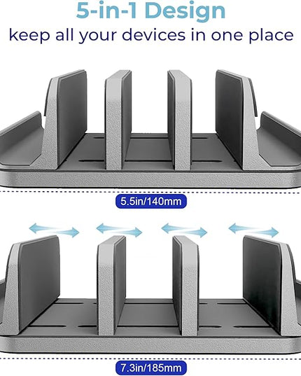 Vertical Laptop Stand Holder 5 Slots, Aluminum Space-Saving Laptop Holder, Adjustable Size Dock Tabletop Desk Organizer 3 Slot + 2 for Apple MacBook/Surface/PC/Tablet/iPad/iPhone (Space Gray)